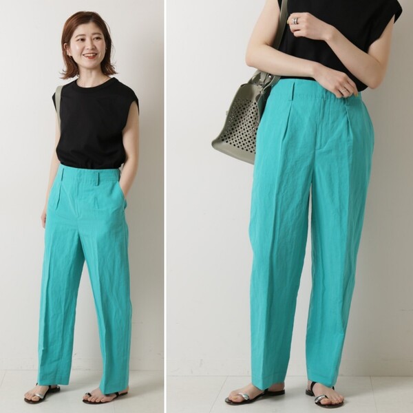 夏物★美品★Spick & Span リネンコットンワイドテーパードパンツ 定価15,400円 グリーン 春 夏 カジュアル ベイクルーズ 麻 旅行 リゾート