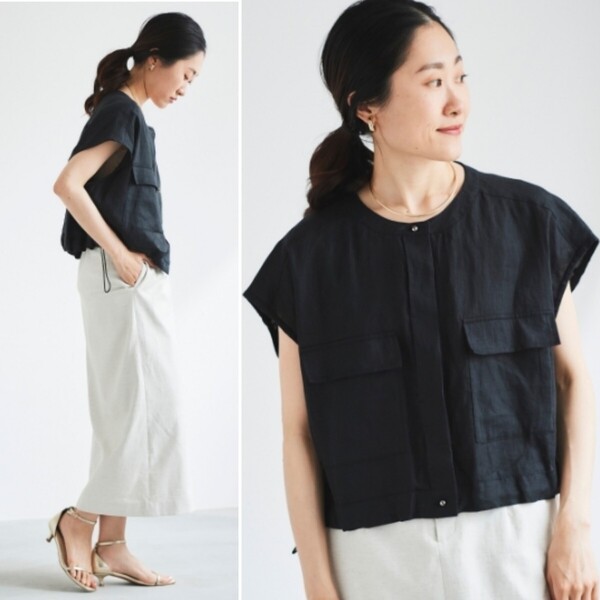 2023SS★美品★le.coeur blanc 麻キャンバスノーカラーシャツジャケット 定価9,900円 ブラック 黒 ルクールブラン 春 夏 カジュアル リネン