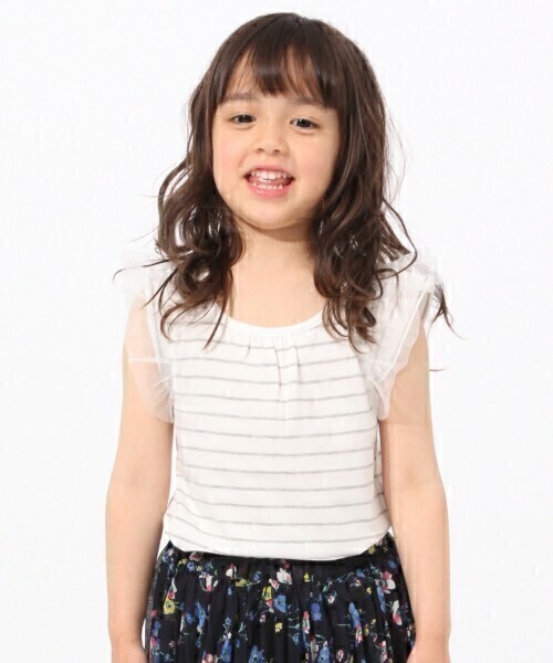 GLOBAL WORK KIDS チュール付ボーダーノースリーブカットソー XXL 130〜140㎝ 夏 グローバルワーク 白×グレー カットソー 子ども 女の子