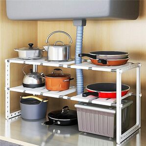 高品質 伸縮可能な2段シンク下収納ラック、最大幅66cm、耐荷重12kg、ホワイ