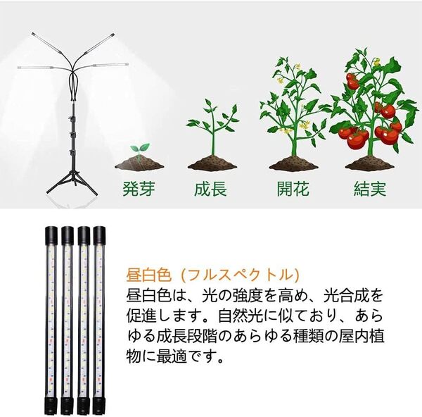 使いやすい LED植物育成ライト、スタンド付き4ヘッドフルスペクトル、80W 8