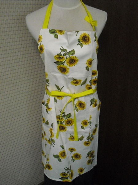 49 エプロン ひまわり プリント 無地 前結び 綿100 ハンドメイド