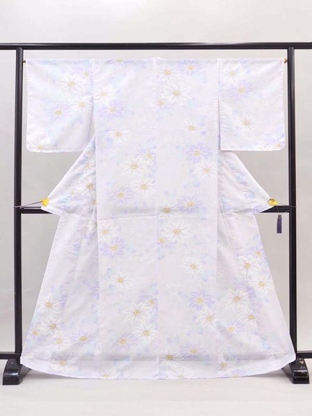 新品 タグ付 絽の着物 てっせん?古典柄 花柄 薄紫 淡い藤色 クラシック レトロな夏の着物 浴衣としても