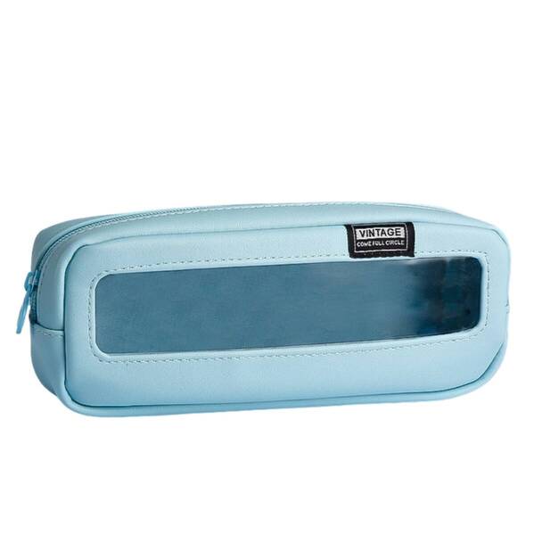 【訳アリ】VINTAGE 大容量筆箱 透明窓付きペンケース 22×9×4cm 防水PUレザー製 多機能収納 学生 社会人 文房具整理 ブルー おしゃれ