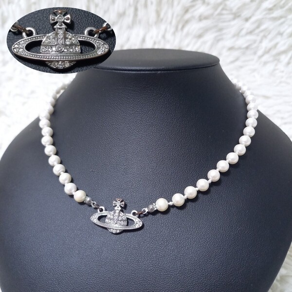 【良品】 Vivienne Westwood ヴィヴィアンウエストウッド ミニバスレリーフ オーブ パール チョーカー ネックレス シルバー アクセサリー