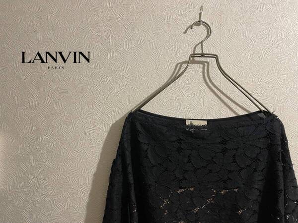 ◯ イタリア製 LANVIN フラワー レース カットソー / ランバン ファーストライン ボートネック ニット ブラック 黒 XS Ladies #Sirchive