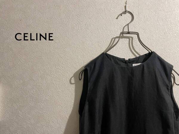 ◯ フランス製 CELINE ノースリーブ リネン ワンピース / セリーヌ ドレス ロング ブラック 黒 40 Ladies #Sirchive