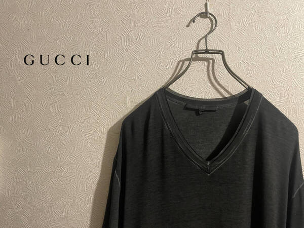 ◯ イタリア製 GUCCI ガーメントダイ Vネック カットソー / グッチ エンブレム Tシャツ レーヨン 半袖 黒 グレー S Mens #Sirchive