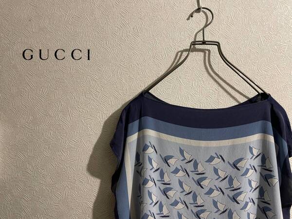 ◯ イタリア製 GUCCI スカーフ カットソー / グッチ Tシャツ ヨット ロゴ ブルー 青 Ladies #Sirchive