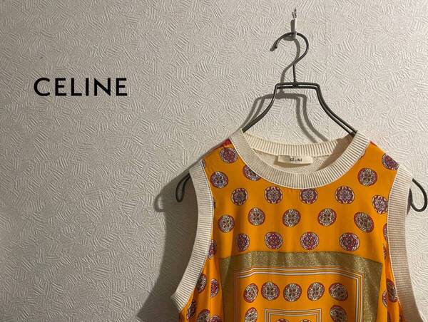 ◯ イタリア製 CELINE スカーフ フロント ノースリーブ ニット / セリーヌ コットン オレンジ ホワイト 白 S Ladies #Sirchive