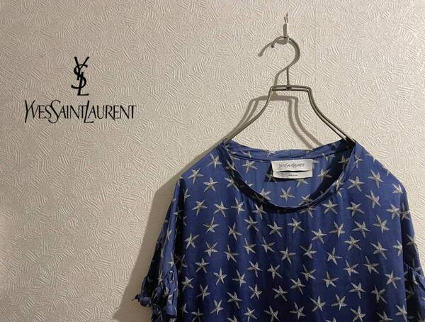◯ イタリア製 YVES SAINT LAURENT スター フィッシュ シルク ワンピース / イブサンローラン YSL 半袖 ドレス ブルー 34 Mens #Sirchive