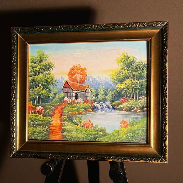 手描き油絵 山小屋に続く道 肉筆絵画 額付き インテリア 油彩画