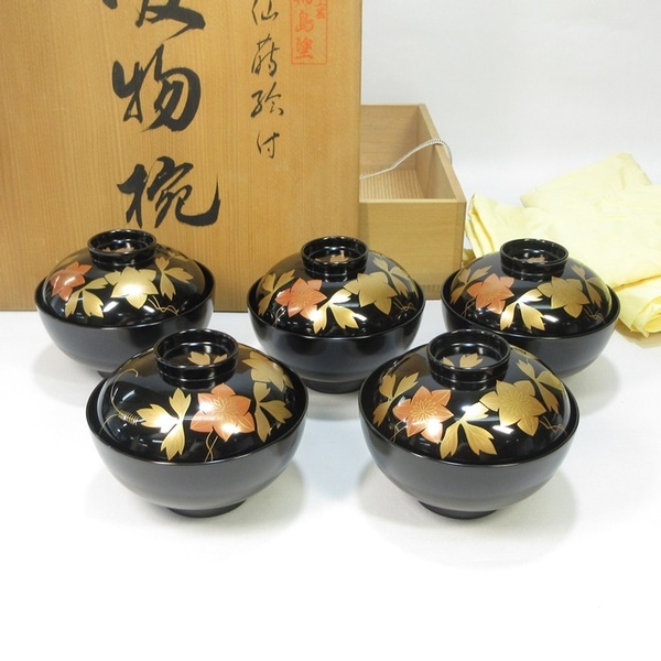 【A1715】木製漆器 伝統工芸 輪島塗 鉄線蒔絵付 吸物椀 五客揃い 箱付き 懐石道具 即決 送料無料