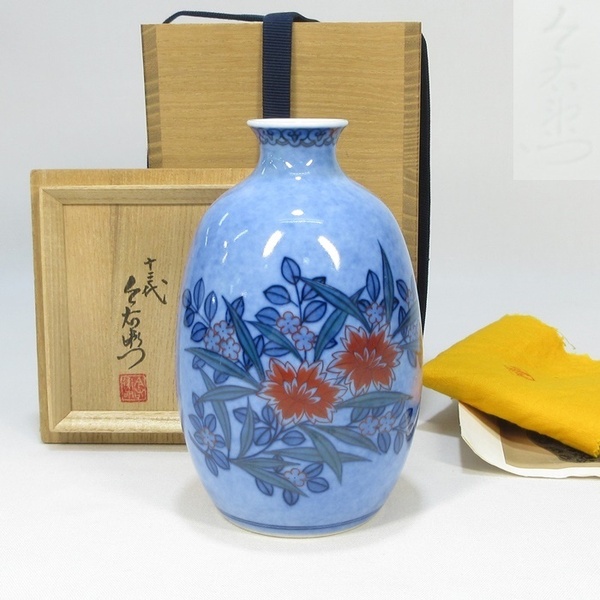 【A1941】人間国宝 十三代 今泉今右衛門 本人作 色絵吹墨草花文 花瓶 共箱 共布 栞付き 真作保証 即決 送料無料