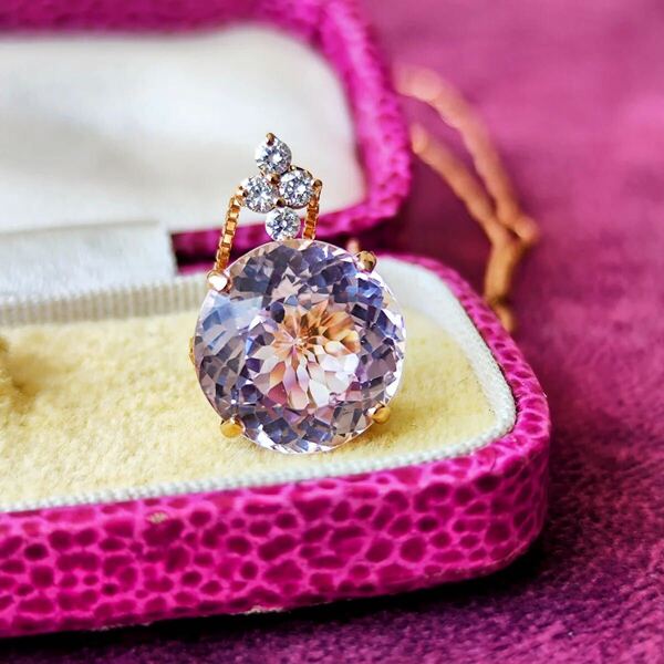 天然クンツァイト 7.10ct 天然ダイヤモンド 18金PG ネックレス 新品未使用品 鑑別書付き
