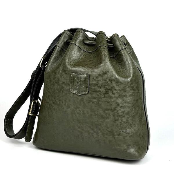 美品■CELINE セリーヌ トリオンフ ドローストリング ショルダーバッグ エンボスロゴ 巾着型 オールレザー グリーン系 ゴールド金具