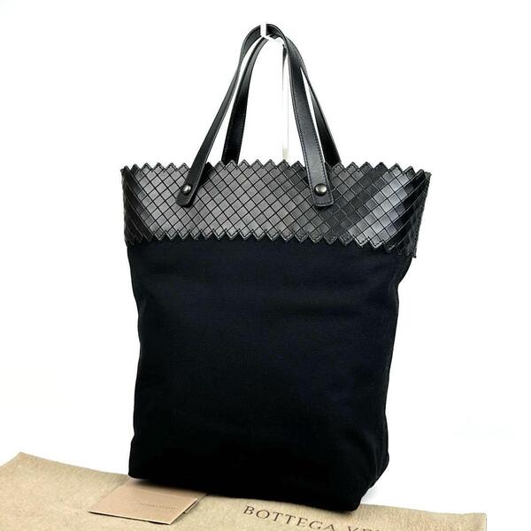 美品■BOTTEGA VENETA ボッテガヴェネタ イントレチャート トートバッグ キャンバスレザー ブラック イントレッチオ ハンドバッグ 男女兼用