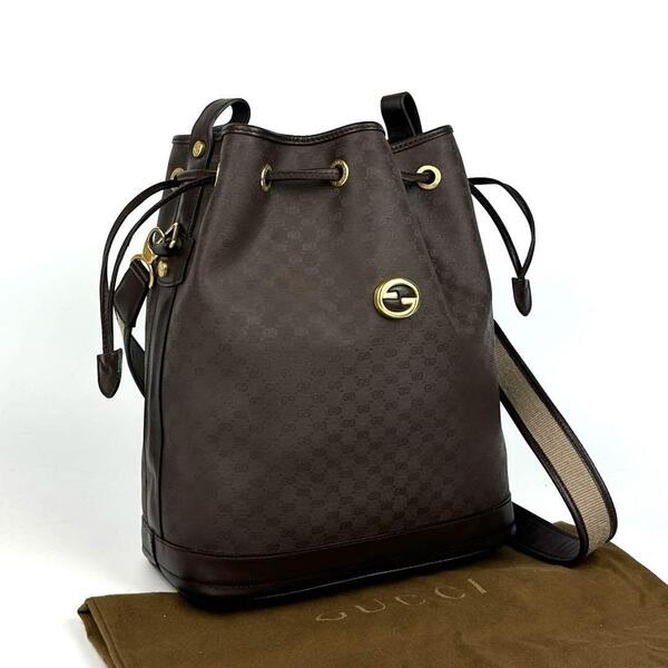 美品■GUCCI グッチ ショルダーバッグ 巾着型 インターロッキング マイクロGG ダークブラウン PVC レザー ドローストリング ゴールド金具