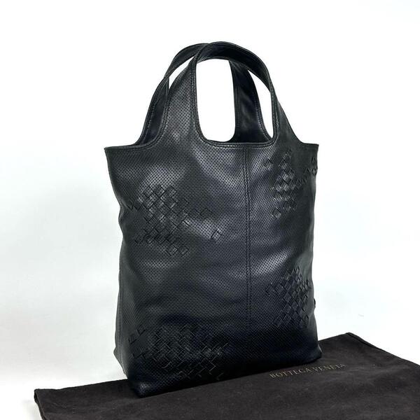 美品■BOTTEGA VENETA ボッテガヴェネタ トートバッグ イントレチャート パンチング ラムレザー ブラック ショッピングトート ユニセックス