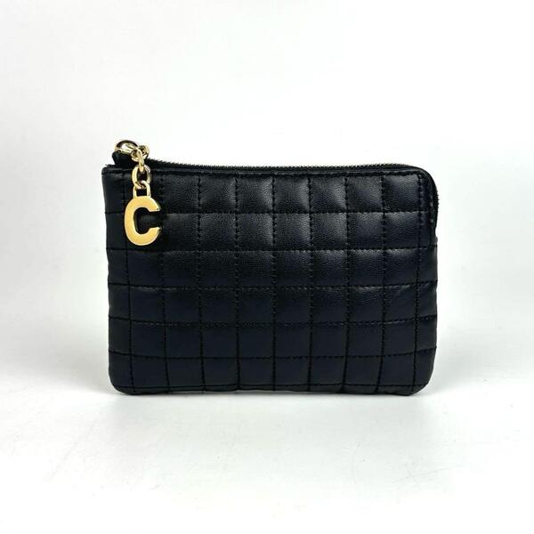 美品■CELINE セリーヌ キルティング コンパクトウォレット C金具 カーフレザー 黒色 ミニ財布 コインケース カードケース L字ファスナー