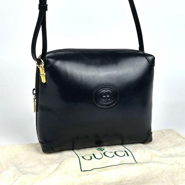 美品■GUCCI グッチ ショルダーバッグ インターロッキング ロゴ型押し ゴールド金具 ブラック カーフレザー エンボスロゴ クロスボディ