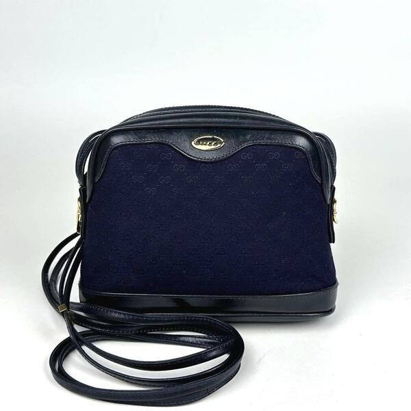 美品■GUCCI グッチ ショルダーバッグ GGキャンバス ゴールド金具 キャンバス レザー ポシェット 稀少 筆記体ロゴ クロスボディ ネイビー系
