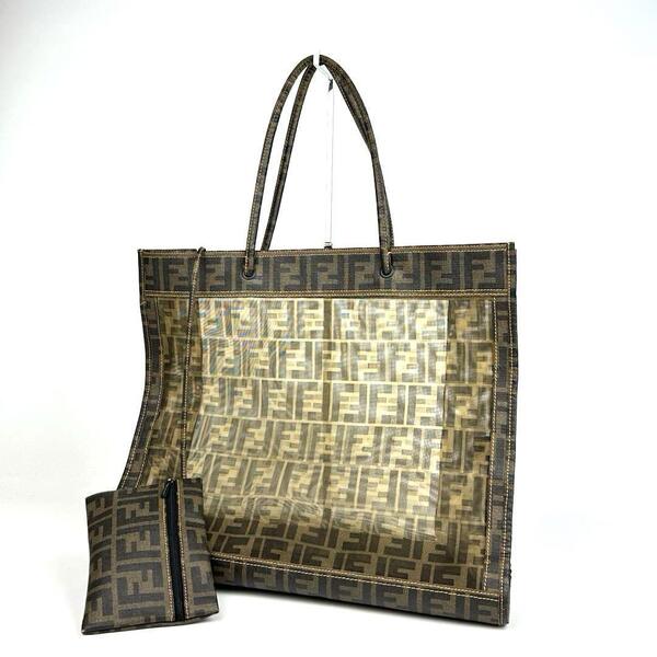 美品■FENDI フェンディ ショッピング トートバッグ ズッカ柄 メッシュ PVCレザー ミニポーチ ラナウェイ 限定モデル ブラウン系 8BH184
