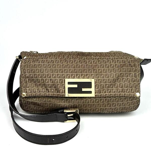 美品■FENDI フェンディ マンマバケット ショルダーバッグ ズッカ柄 ズッキーノ キャンバス レザー FF ゴールド金具 クロスボディ 8BT166