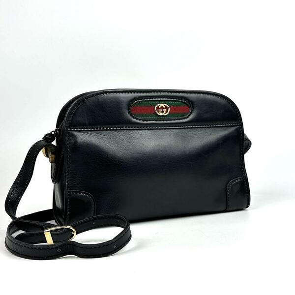 美品■GUCCI グッチ レザー ショルダーバッグ シェリーライン GG インターロッキング クロスボディ オールレザー ブラック ゴールド金具