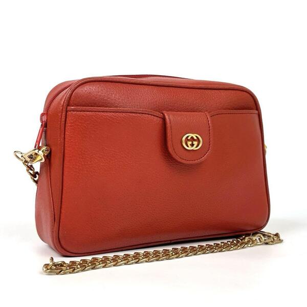 美品■GUCCI グッチ チェーン ショルダーバッグ インターロッキング ゴールド金具 レッド系 ポーチ着脱可 ピグスキン オールレザー