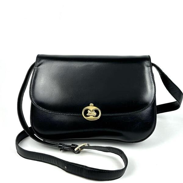 美品■CELINE セリーヌ 馬車金具 ショルダーバッグ 2way クラッチバッグ ゴールド金具 ブラック ボックスカーフ レザー クロスボディ