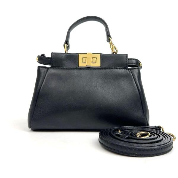 美品■FENDI フェンディ マイクロピーカブー ショルダーバッグ 2way Micro カーフレザー ブラック ゴールド金具 クロスボディ 8M0355