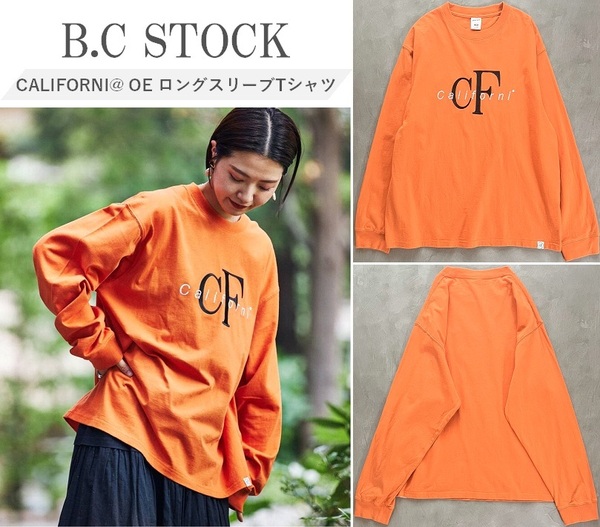 B.C STOCK ベーセーストック CALIFORNI@ OE ロングスリーブTシャツ 大胆なフロント刺繍が目を引くロンTee ユニセックス ゆったり ORANGE L
