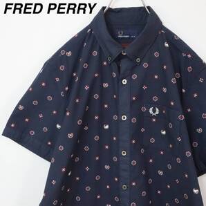【ノワートコラボ】フレッドペリー BDシャツ 総柄シャツ 刺繍ロゴ 青系 美品