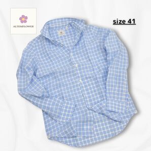 ALTEMFLOWER◇リネンチェックシャツ◇サイズ41◇ブルー◇ホリゾンタルカラー◇イタリア製◇アルテムフラワー
