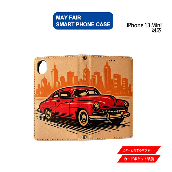 1】 iPhone13 Mini 用 ケース 手帳型 PVC レザー アイフォンケース 自動車1 クラシック イラスト