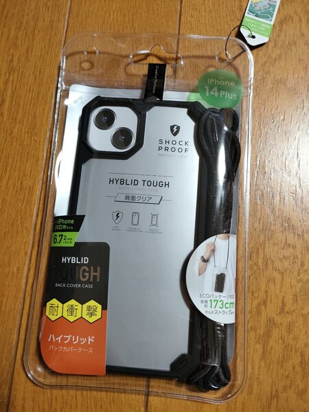 ◆送料無料◆iPhone15 Plus/iPhone14 Plus★耐衝撃ハイブリッド背面クリアケース★簡易防滴ケース&ストラップ付★ブラック AC-P22X-T BK
