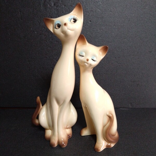 未使用 昭和レトロ シャム猫ペア ネコの置物 インテリア置物 ネコグッズ ねこ 陶器
