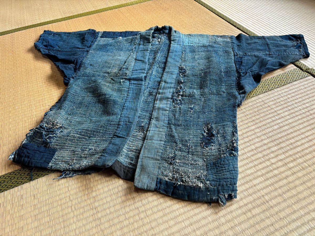 美品♪白糸刺し子 藍染古布と布団皮の襤褸 boro japan vintage