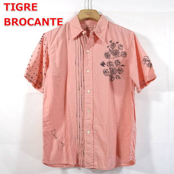 【良品】ティグルブロカンテ 鳩花プリント半袖シャツ Tigre Brocante サイズL ピンク