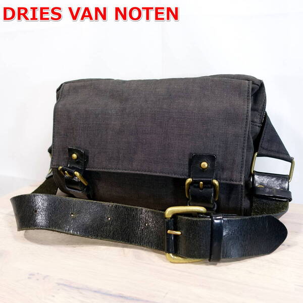 【良品】ドリスヴァンノッテン コットンレザーボディバッグ DRIES VAN NOTEN 灰黒