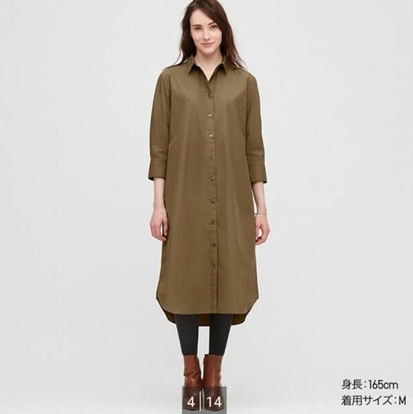 L ユニクロUNIQLO エクストラファインコットンシャツワンピース(七分袖)カ シャツワンピース