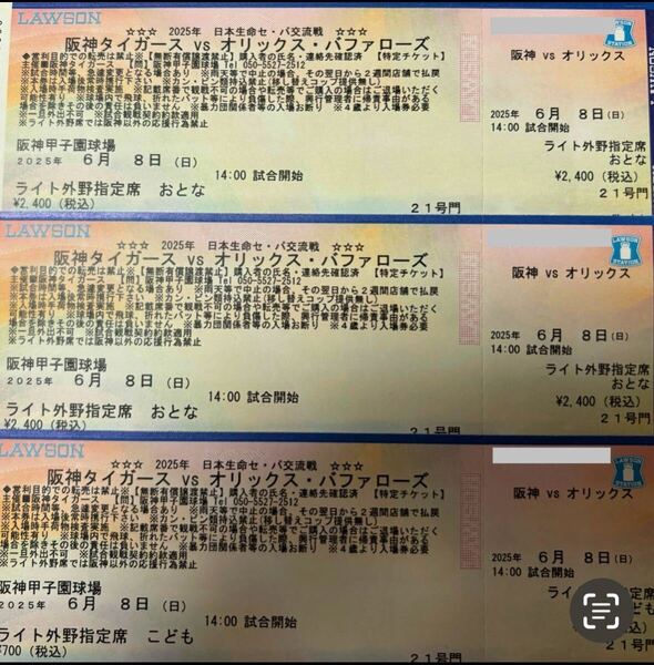 6/8甲子園 阪神vsオリックス ライト外野 大人2枚子供1枚の3連番