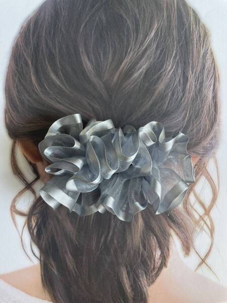 【ハンドメイド】フリルリボンバレッタ☆オーガンジーリボン ヘアアクセサリー388