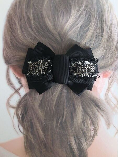 【ハンドメイド】ツイードリボンバレッタ☆ブラック ヘアアクセサリー313