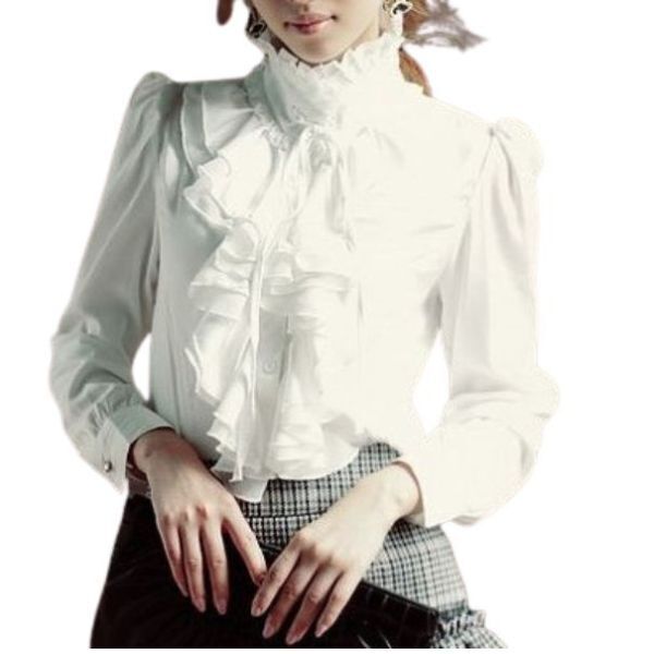 リボンフリル付 縦襟ブラウス 白 3XLサイズ お嬢様系 王国調 ゴシック 発表会 演奏 合奏 コンクール クラシック ピアノ コスプレ