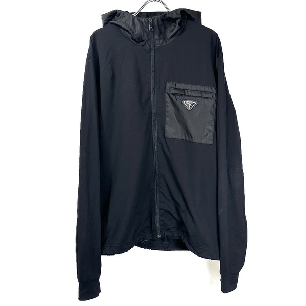 希少◇PRADA プラダ ジップパーカー ナイロンジャケット トライアングルプレート フード ブルゾン 2020年 ブラック XL メンズ レディース