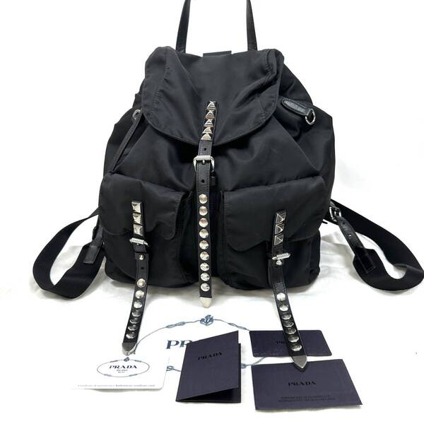 超希少◇PRADA プラダ スタッズ バックパック リュック トライアングルプレート ブラック シルバー ナイロン メンズ レディース