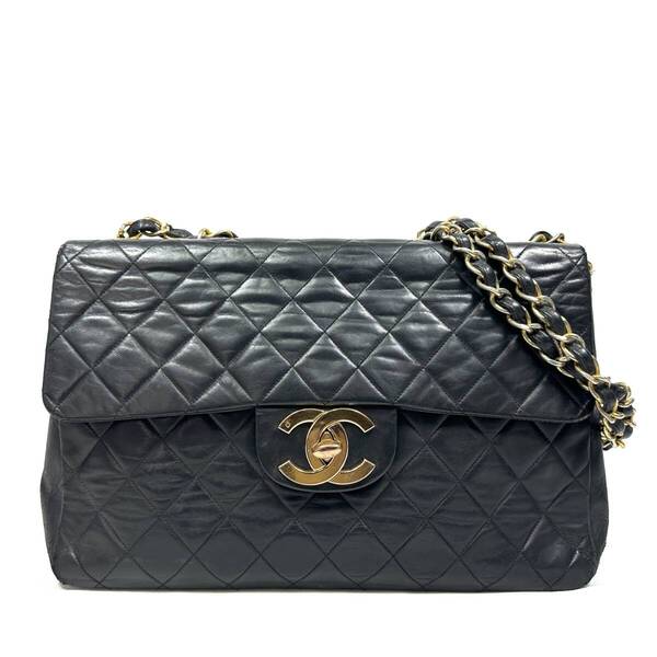 超希少◇CHANEL シャネル デカマトラッセ34 ココマーク マキシ ラムスキン シングルフラップ ダブルチェーンバッグ ラムスキン