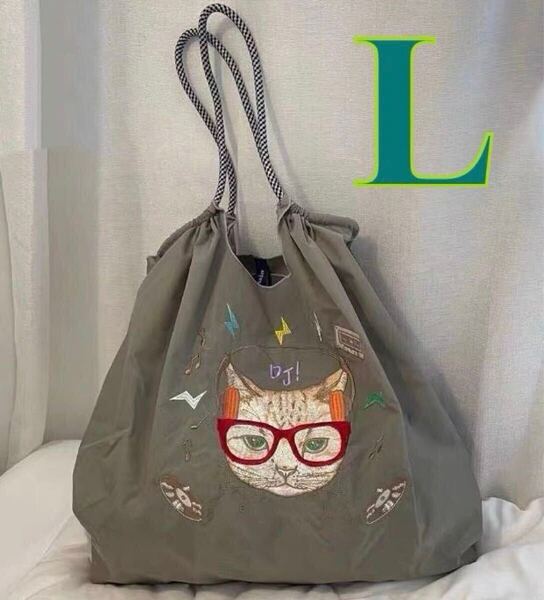 Ball&Chain DJ×眼鏡猫 Lサイズ カーキグレー エコバッグ 刺繍 撥水 軽量 大容量 折りたたみ可能 コンパクト収納